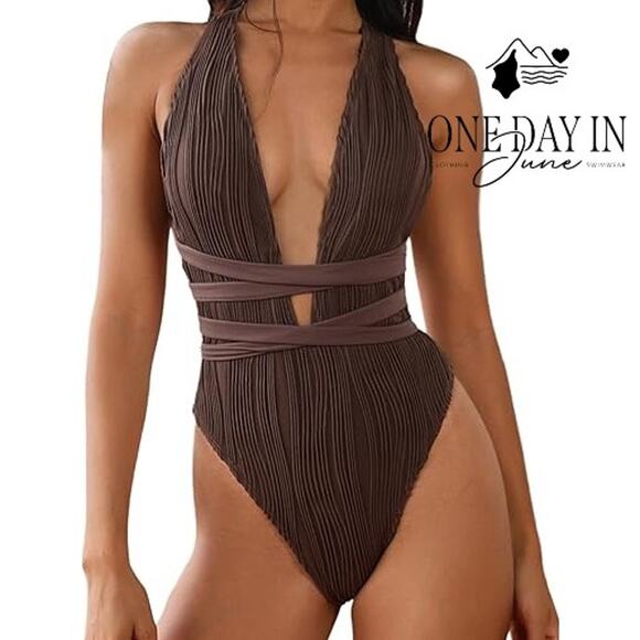 Zaful Deep V Tie Wrap One Piece Swimsuit Size M - Picture 1 of 6